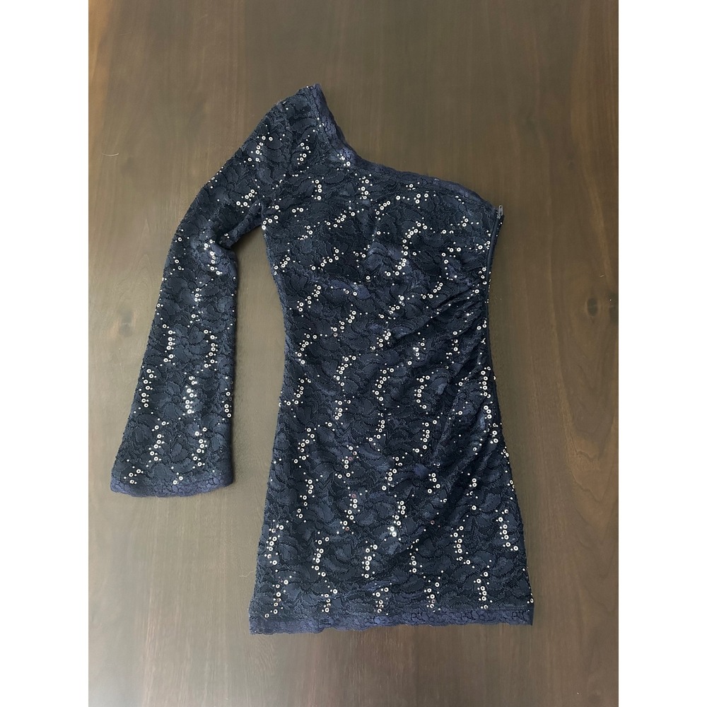 Sequin Hearts Navy Blue Lace One Shoulder Sequin Mini Dress Long Bell Sleeve S